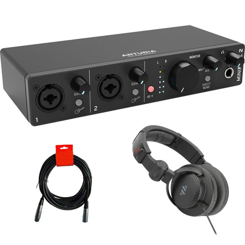 Arturia MiniFuse 2 Flexible Dual Portable USB Type-C Audio/MIDI Interface (Black) Bundle with Studio Pro Monitor Headphones and XLR-XLR Cable