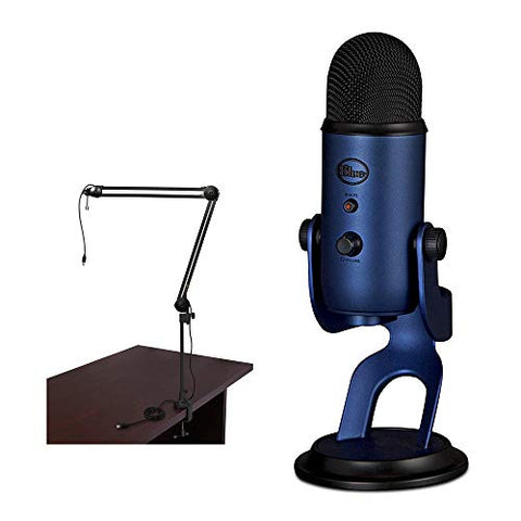 Blue Yeti USB Microphone (Midnight Blue) with BAI-2U Two-Section Broadcast Arm plus Internal Springs & USB Cable Bundle