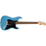 Squier Sonic Stratocaster Electric Guitar California Blue, Laurel Fingerboard, Black Pickguard Bundle with Fender Logo Guitar Strap Black, Fender 12-Pack Celluloid Picks, and Instrument Cable