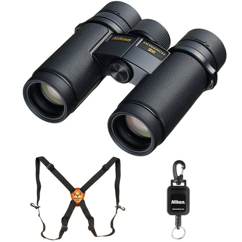 Nikon 8x30 Monarch HG Wide Field of View Binoculars, Black (16575) Bundle with Bino-System Binocular Harness and Nikon Rangefinder Tether