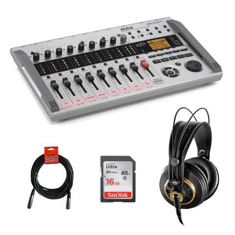 Zoom R24 Digital Multitrack Recorder with AKG K 240 Pro Stereo Headphone, 16GB UHS-I SDHC Memory Card & XLR Cable Bundle