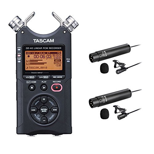 Tascam DR40 Handy Recorder Interview Microphone Kit with Omnidirectional and Cardioid XLR Lavalier Microphones