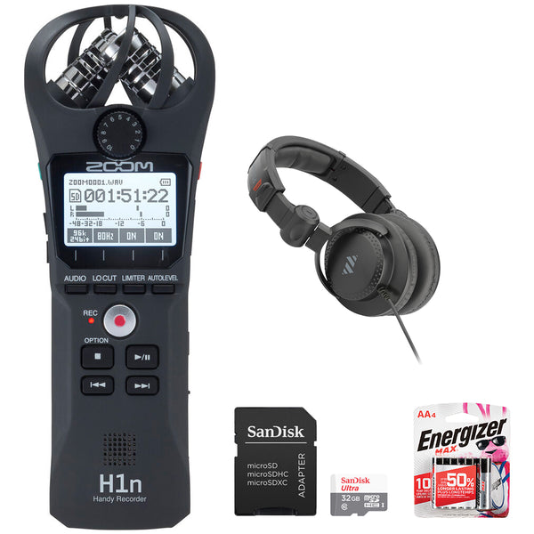 Zoom H1n-VP Portable Handy Recorder with Windscreen, AC Adapter, USB Cable & Case (Black) Bundle with Polsen Studio Pro Headphones, 32GB Memory Card and AA Alkaline Batteries Pack