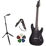 Schecter 430 C-6 Deluxe Solid-Body Electric Guitar, Satin Black Bundle with Ultimate Support Pro Guitar Stand, Black Strap, and Classic Pick (10-Pack)