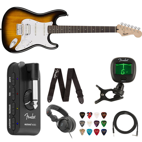 Squier by Fender Bullet Hard Tail Electric Guitar (Brown Sunburst) Bundle with Fender Mustang Headphone Amp, Guitar Strap, 10ft Instrument Cable, FT-1 Tuner, 12-Pack Picks, and Headphone