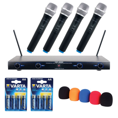 VocoPro VHF-4000-2 Professional Quad VHF Wireless Microphone System with WS-5 Microphone Windscreen Set and (2) AA LR6 Alkaline Battery (4-Pack)
