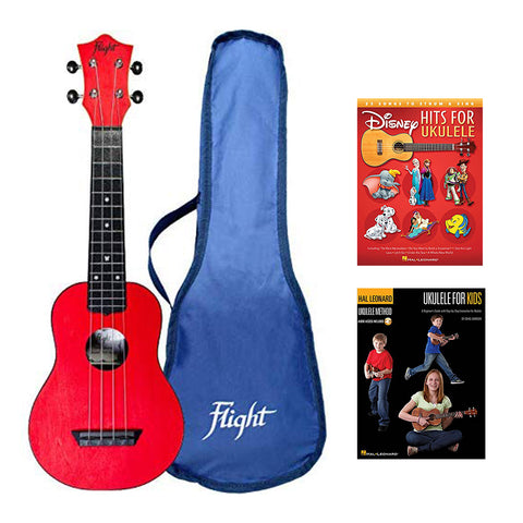 Flight 4-String Travel Series Soprano Ukulele, Red (TUS-35RD) with Hal leonard Disney Hits & Ukulele for Kids Step-by-Step Instruction Bundle