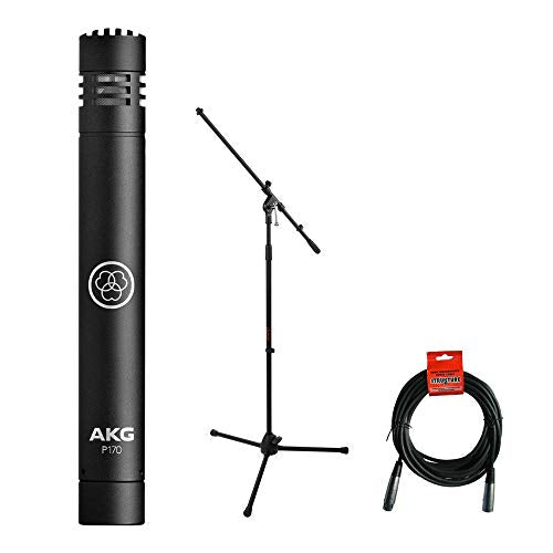 AKG P170 Small-Diaphragm Condenser Microphone (Black) plus Tripod Mic Stand with Fixed Boom & 20' XLR Cable Kit