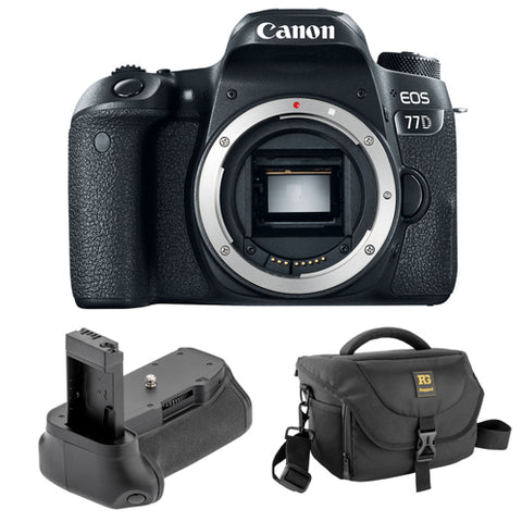 Canon EOS 77D DSLR Camera (Body Only) with Vello BG-C15 Battery Grip and Hunter 25 DSLR Holster Bag