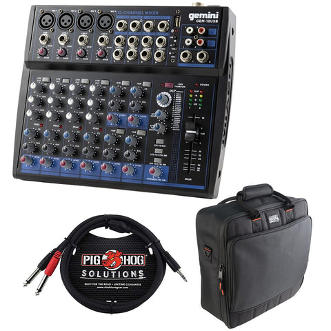 Gemini GEM-12USB Compact 12-Channel Bluetooth Audio Mixer with USB Bundle with G-MIXERBAG-1515 Padded Nylon Mixer/Equipment Bag and Stereo Breakout Cable 10'
