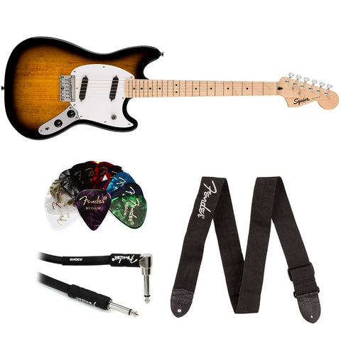 Squier Sonic Mustang Electric Guitar 2-Color Sunburst, Maple Fingerboard Bundle with Fender Logo Guitar Strap Black, Fender 12-Pack Celluloid Picks, and Straight/Angle Instrument Cable