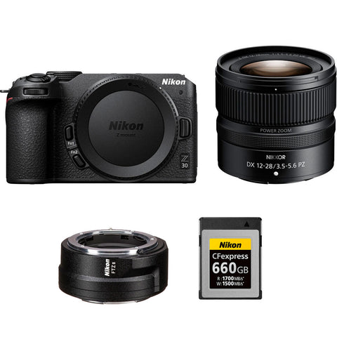 Nikon Z30 Mirrorless Camera with 12-28mm Lens Bundle with Nikon MC-CF660G CFexpress Type B Memory Card and Nikon FTZ II Mount Adapter