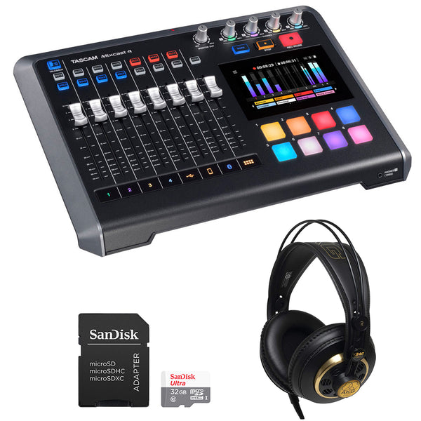 Tascam Mixcast 4 Podcast Station with Built-in Recorder/USB Audio Interface (MIXCAST4) Bundle with AKG K240 Studio Pro Stereo Headphones and 32GB  microSDHC Memory Card