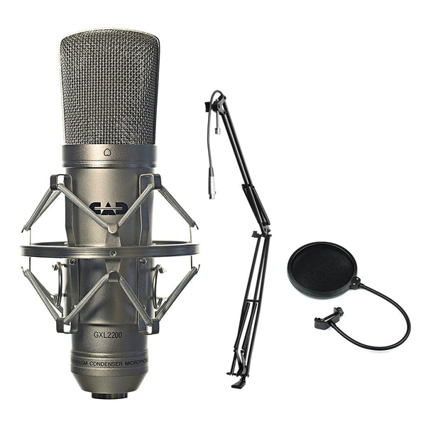 CAD GXL2200 Cardioid Condenser Microphone (Silver) with MBS5000 Broadcast/Webcast Boom Arm & Pop Filter Bundle
