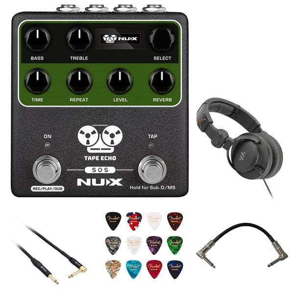 NUX NDD-7 TAPE ECHO Delay Effects Pedal Bundle with Polsen HPC-A30-MK2 Studio Monitor Headphones, Kopul 10' Instrument Cable, Patch Cable Right Angle, and Fender 12-Pack Picks