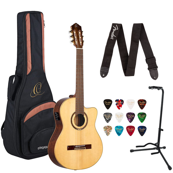 Ortega Guitars 6 String Performer Series Solid Acoustic-Electric Nylon Classical Guitar w/ Bag, Right (RCE138SN) Bundle with Fender 2" Logo Guitar Strap, Fender 12-Pack Picks, and Gator Guitar Stand