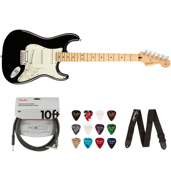 Fender Player Stratocaster Electric Guitar (Maple Fingerboard, Black) Bundle with Fender 10ft Instrument Cable (Straight/Straight), Fender Guitar 12-Pack Picks, and Fender 2" Guitar Straps