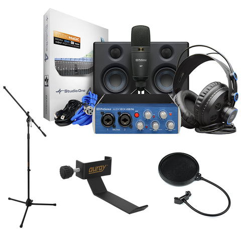 PreSonus AudioBox Studio Ultimate Deluxe Hardware/Software Recording Bundle with Headphone Holder, Tripod Microphone Stand & Pop Filter Kit