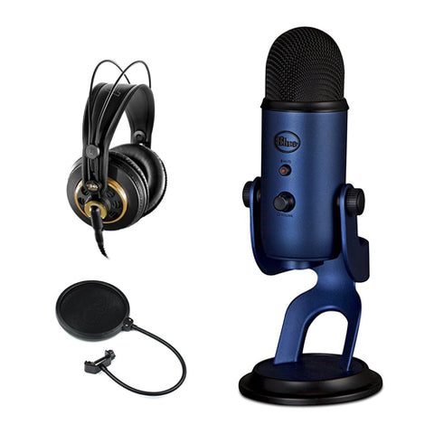 Blue Yeti USB Microphone (Midnight Blue) with AKG K 240 Studio Professional Stereo Headphones & Pop Filter Bundle