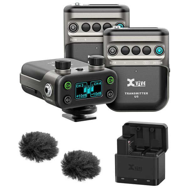 Xvive Audio U5T2 Dual-Channel Wireless Mic for Cameras Digital Omni Lavalier Microphone System for DSLR/Video Camera Bundle with Xvive Audio U5C Battery Charger Case and Fuzzy Windbuster