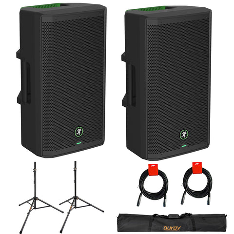 Mackie Thrash212 GO 12" 300W Powered PA Loudspeaker System (Pair) with Auray SS-47S-PB Steel Speaker Stands with Tripod Base and Case and 2x 20-Inch XLR-XLR Audio Cable