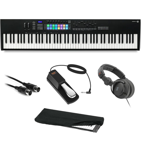 Novation Launchkey 88 [MK3] MIDI Keyboard Controller for Ableton Live Bundle with Polsen Studio Monitor Headphones, 10' MIDI to MIDI Cable, Sustain Pedal, and Medium Piano Cover