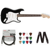 Squier by Fender Bullet Stratocaster Beginner Hard Tail Electric Guitar (Black) with Fender Pro 10ft Instrument Cable, Fender Celluloid Guitar 12-Pack Picks, and Fender 2" Guitar Straps