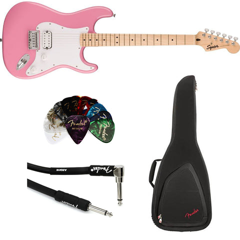 Squire Sonic Stratocaster HT H Electric Guitar, Flash Pink Bundle with Fender FE620 Electric Guitar Gig Bag, Professional Instrument Cable 10' and Fender Classic Celluloid Guitar Picks 351 Shape