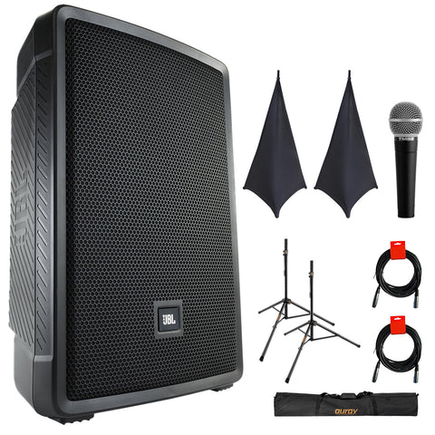 JBL IRX112BT Compact Powered 12" Portable Speaker, Bluetooth (Pair) Bundle with 2x On-Stage SSA100 Speaker Stand Skirt, Auray SS-47S-PB Steel Speaker Stands and Carrying Case, Vocal Mic, and 2x XLR-XLR Cable