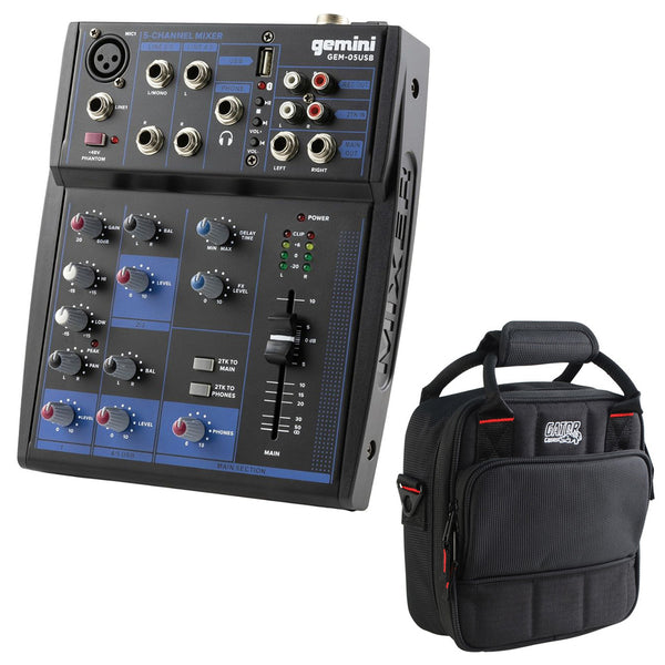 Gemini Sound GEM-05USB - 5-Channel Bluetooth Audio Mixer Bundle with Gator G-MIXERBAG-0909 Padded Nylon Mixer/Equipment Bag
