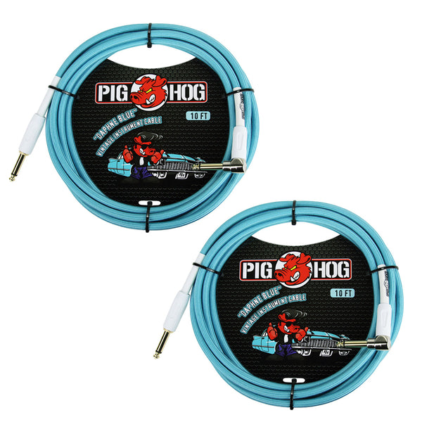 Pig Hog PCH10DBR 1/4" to 1/4" Right-Angle Daphne Blue Guitar Instrument Cable, 10 Feet (2-Pack)