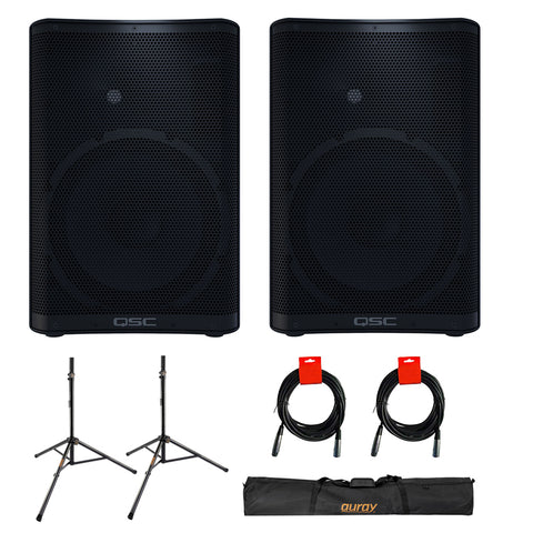 QSC CP12 Two-Way 12" 1000W Compact Powered Loudspeaker with DSP (Pair) with Auray SS-47S-PB Steel Speaker Stand with Case and 2x XLR-XLR Cable