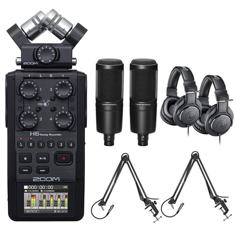 Zoom H6 All Black 6-Track / 6-Input Portable Recorder with Single Mic Capsule, 2X Audio-Technica AT2020 Studio Microphone Bundle