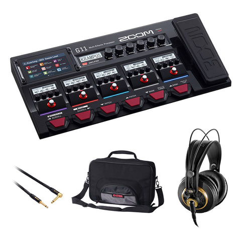 Zoom G11 Multi-Effects Processor with AKG K240 Pro Headphones, Gator Cases G-MULTIFX-1510 Pedal Bag & Phone to Phone Cable Bundle