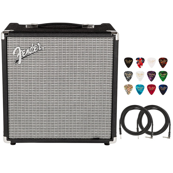 Fender Rumble 25 V3 Bass Amplifier Bundle with Fender Classic Celluloid Guitar Picks (12-Pack) and 2x 10ft Pro Series Instrument Cable STR/ANG