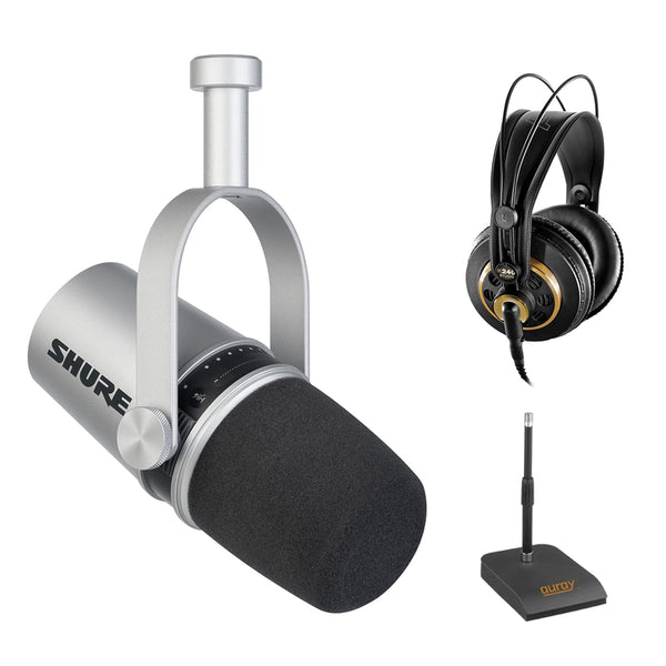 Shure MV7 Podcast Microphone (Silver) Bundle with AKG K240 Studio Pro Headphones & Mic Stand