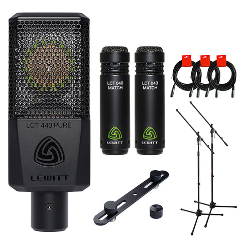 Lewitt LCT-440-Pure Cardioid Condenser Microphone Bundle with Lewitt LCT 040 MATCH Pair Instrument Condenser Mic, LCT-40-M2 Adjustable Stereo Bar, 2x Tripod Mic Stand, and 3x XLR-XLR Cable