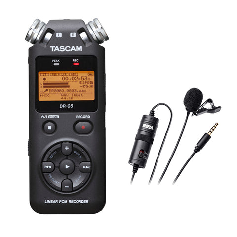 Tascam DR-05 Portable Handheld Digital Audio Recorder with Boya BY-M1 Omni Directional Lavalier Microphone Kit