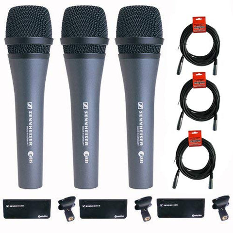 Sennheiser 3x e 835 Wired Cardioid Handheld Dynamic Lead Vocal Stage Microphone with Clip - With 3x Pyle PPMCL15 15ft Symmetric Microphone Cable, XLR Female to XLR Male