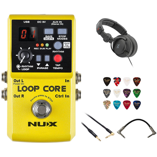 Nux Loop Core Guitar Effect Pedal Looper Bundle with Polsen HPC-A30-MK2 Studio Monitor Headphones, Kopul 10' Instrument Cable, Patch Cable Right Angle, and Fender 12-Pack Picks