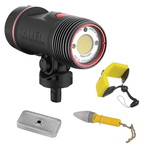 SeaLife Sea Dragon 3000F Auto Photo-Video Dive Light with Floating Wrist Strap, Nano Spotter & Silica Gel Metal Case Bundle