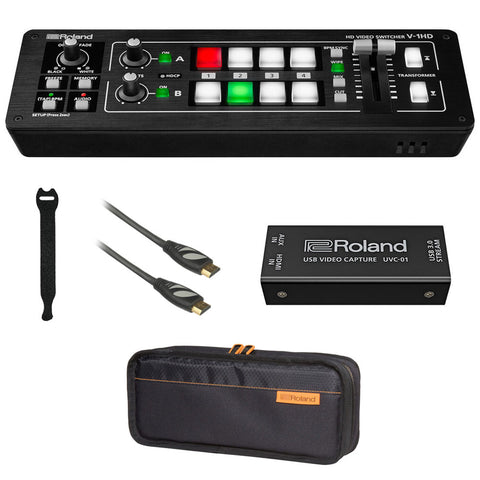 Roland V-1HD STR Mixer/Switcher Live Streaming Bundle with Encoder UVC-01, Roland CB-BV1 Carry Bag, 6' HDMI Cable & 10-Pack Straps