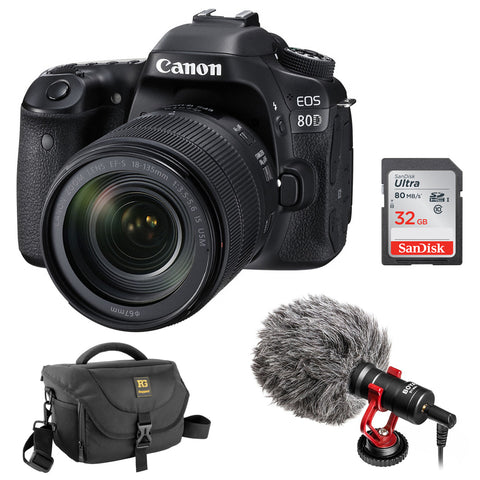 Canon EOS 80D DSLR Camera with 18-135mm Lens with Boya BY-MM1 Shotgun Video Microphone, 32GB SDHC Memory Card, DSLR Shoulder Bag Bundle