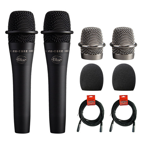 Blue enCORE 100 Dynamic Handheld Vocal Microphone (Black) 2-Pack with (2) 1-5/9" Foam Windscreen & (2) XLR Cable Bundle