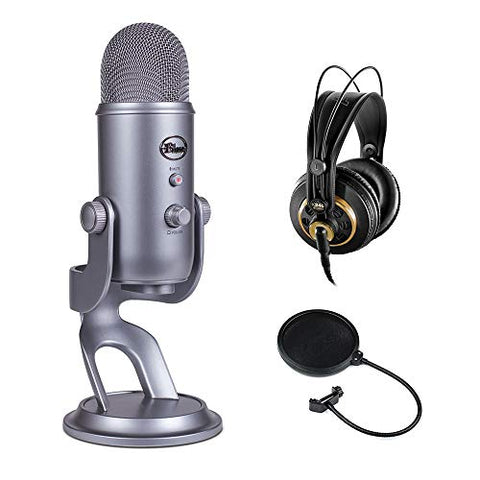 Blue Yeti USB Microphone (Cool Gray) with AKG K 240 Studio Professional Stereo Headphones & Pop Filter Bundle