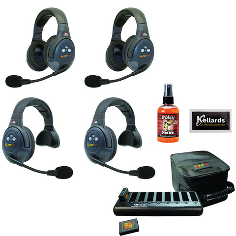 Eartec EVADE EVX422 Bundle Full-Duplex Wireless Intercom System with 2 Dual-Ear and 2 Single-Ear Headsets (2.4 GHz) with Goby Labs Spray for Mics/Headphones and Kellards Screening Cleaning Wipes (5-Pack)