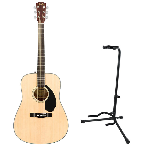 Fender CD-60S Beginner Dreadnought Guitar Pack, Natural with Gig Bag, Strap, Picks, Strings, and Online Lessons Bundle with Gator Frameworks Single-Guitar Stand