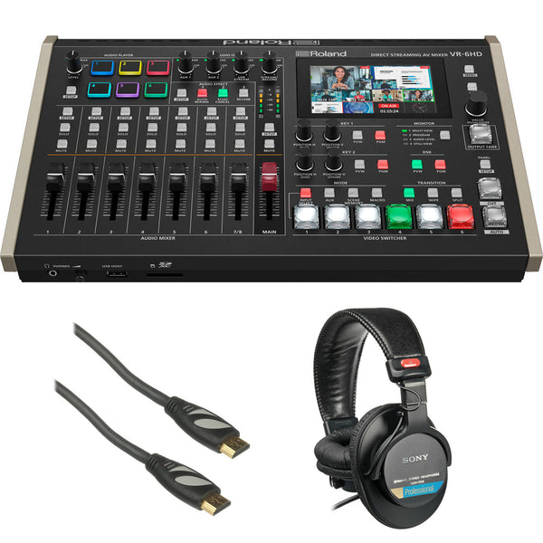 Roland VR-6HD Direct Streaming AV Mixer Bundle with Sony MDR-7506 Headphones and Pearstone Standard Series HDMI to HDMI High-Speed Ethernet Cable 6ft Black