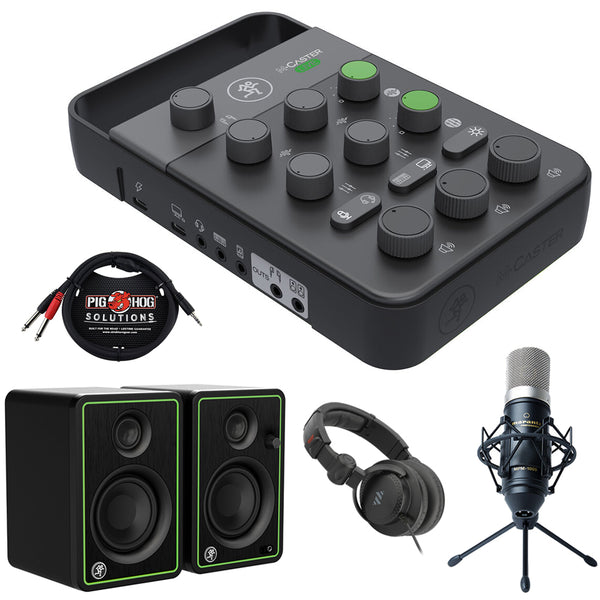 Mackie MCaster Live Portable Streaming Mixer Bundle with Mackie CR3-X 3" Multimedia Monitors (Pair), Marantz Pro MPM-1000 Condenser Mic, Polsen Headphones, and 10ft Stereo Breakout Cable