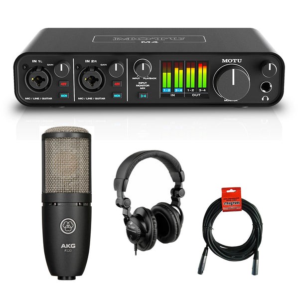 Motu M4 4x4 USB Audio Interface with AKG Project Studio P220 Condenser Mic, HPC-A30 Studio Monitor Headphones & XLR Cable Bundle